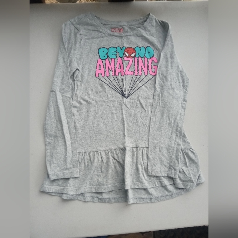 Marvel Spider-Man Girls Gray Long Sleeve Peplum Graphic Top, Size 12